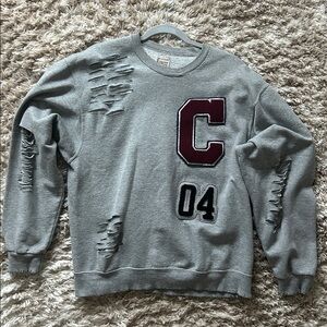 LF gray Distressed Sweater Patch detail Pullover sweatshirt. Collegiate. Wmns L